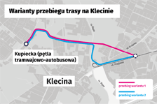 Grafika-mapa z zaznaczonymi dwiema możliwościami przebiegu trasy tramwajów przez Klecinę