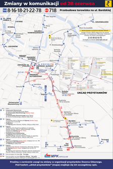 Mapa przedstawia zmiany w komunikacji miejskiej obowiązujące od 28 czerwca związane z przebudową ulicy Bardzkiej
