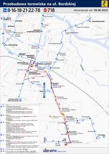 Mapa przedstawia zmiany w komunikacji miejskiej obowiązujące od 28 czerwca związane z przebudową ulicy Bardzkiej