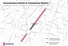 <p>Mapa pokazująca remontowane odcinki ul. Powstańc&oacute;w Śląskich</p>