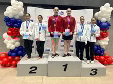 Na 1. miejscu Łucja i Matylda Kasprzyk. KS Pływanie Artystyczne Wrocław na Slovakia Synchro 2025