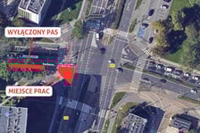 Infografika przedstawiająca skrzyżowanie ulic kamiennej i Ślężnej z zaznaczonymi na czerwono miejscami, gdzie będą w weekend 28 lutego- 1 marca prowadzone prace przy usuwaniu awarii wodociągowej.