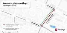 Mapa przedstawia odcinek ulicy Przybyszewskiego, który będzie remontowany