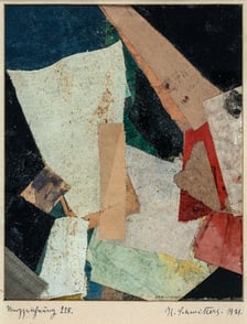 <p>Kurt Schwitters, Merzzeichnung 225, 1921, kolaż, gwasz, karton, tkanina</p>
