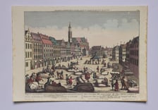 <p>Rysunek Friedricha Bernharda Wernera &ndash; widok pl. zachodniego Rynku zwanego Targiem Wełny, ok. 1780</p>