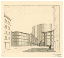 <p><span style="font-size: 11.0pt; font-family: 'Calibri',sans-serif;">Max Berg przy wsp&oacute;łpracy Richarda Konwiarza, projekt wieżowca z biurami administracji zakład&oacute;w przemysłowych przy ul. Tęczowej, 1920</span></p>