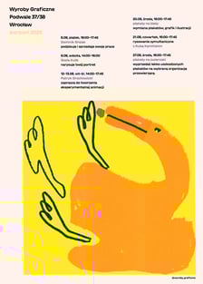 <p>Plakat Jakuba Zasady zapowiadający wydarzenia na stoisku graficznym w DH Podwale</p>