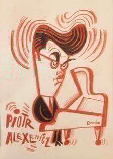 <p>Piotr Alexewicz w finale Konkursu Chopinowskiego w karykaturze Tomasza Brody</p>