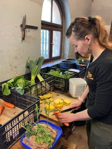 <p>Opiekunka, Pani Agata Kociołek przygotowuje specjalny posiłek-niespodziankę dla tapira</p>