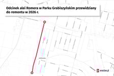 Mapa przedstawiająca fragment alei Romera w Parku Grabiszyńskim, która zostanie wyremontowana w 2026 r.