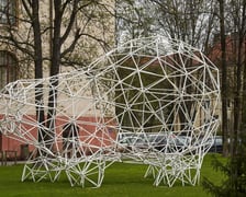 <p>Instalacja z plastikowych rurek, kt&oacute;ra przypomina figurę niedźwiedzia. Z tyłu budynek Wydziału Architektury na Politechnice Wrocławskiej przy ul. Prusa&nbsp;</p>