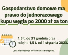 Gospodarstwo domowe ma prawo do jednorazowego zakupu węgla po 2000 zł za tonę: 1,5 t. do 31 grudnia oraz kolejnej 1,5 t. od 1 stycznia 2023. Cena nie obejmuje workowania i transportu.