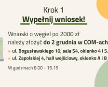 Krok 1 ? Wypełnij wniosek! Wnioski o węgiel po 2000 zł należy złożyć do 2 grudnia w COM-ach: - ul. Bogusławskiego 10, sala S4, okienko 4 i 5. - ul. Zapolskiej 4, hall wejściowy, okienko A i B W godzinach 8.00 - 15.15