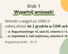 Krok 1 ? Wypełnij wniosek! Wnioski o węgiel po 2000 zł należy złożyć do 2 grudnia w COM-ach: - ul. Bogusławskiego 10, sala S4, okienko 4 i 5. - ul. Zapolskiej 4, hall wejściowy, okienko A i B W godzinach 8.00 - 15.15