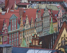 Panorama Wrocławia o zachodzie słońca z mostku Pokutnic