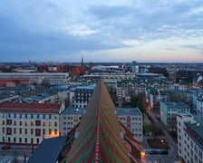 Panorama Wrocławia o zachodzie słońca z mostku Pokutnic