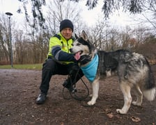 <p>Na zdjęciu psy z TOZ Schroniska dla Bezdomnych Zwierząt na spacerze w parku Grabiszyńskim. Celem jest znalezienie nowych opiekun&oacute;w. Tu Władysław Frasyniuk, honorowy wolontariusz</p>