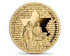 <p>Na rewersie złotej monety przedstawiono wizerunki cywil&oacute;w z czasu powstania w&nbsp;getcie warszawskim na tle gwiazdy Dawida, kt&oacute;rej zarys tworzy ceglany mur &ndash; taki mur oddzielał teren getta od tzw. strony aryjskiej</p>