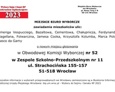 Miejskie Biuro Wyborcze zawiadamia mieszkańców ulic: Ameriga Vespucciego, Bazaltowa, Cementowa, Chałupnicza, Ferdynanda Magellana, Folwarczna, Jamesa Cooka, Krzysztofa Kolumba, Marca Polo, Vasco da Gamy o nowym miejscu głosowania w Obwodowej Komisji Wyborczej nr 52 w Zespole Szkolno-Przedszkolnym nr 11, ul. Strachocińska 155-157, 51-518 Wrocław