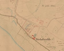 Fragment mapy z 1880 roku, na którym widać cegielnię w Bischofswalde. (Stan przed rozbudową, której rezultat widzimy na zdjęciach lotniczych z okresu międzywojennego.)