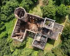 <p>Widok z lotu ptaka na spalony pałac w Świniarach&nbsp;</p>