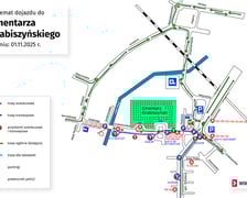 Mapa przedstawia organizację ruchu w okolicy cmentarza Grabiszyńskiego
