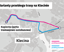 Grafika-mapa z zaznaczonymi dwiema możliwościami przebiegu trasy tramwajów przez Klecinę