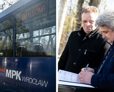 <p class="MsoNormal">Po lewej: tramwaj stojący na pętli Klecina, po prawej: prezesi Dolnośląskiej Pracowni Projektowej i Wrocławskich Inwestycji podpisują umowę</p>