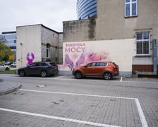 Różowe skrzydła z napisem SKRZYDŁA MOCY namalowane na ścianie szpitala na Hirszfelda