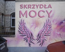 Różowe skrzydła z napisem SKRZYDŁA MOCY namalowane na ścianie szpitala na Hirszfelda
