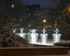 <p>Rozświetlona fontanna w Parku Węgrzynowskiego</p>