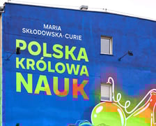 Mural z Marią Skłodowską-Curie na bloku we Wrocławiu, luty 2026