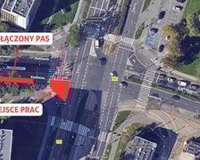Infografika przedstawiająca skrzyżowanie ulic kamiennej i Ślężnej z zaznaczonymi na czerwono miejscami, gdzie będą w weekend 28 lutego- 1 marca prowadzone prace przy usuwaniu awarii wodociągowej.