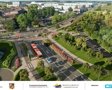 Wizualizacja przedstawia przebudowane skrzyżowanie Wiejska-Awicenny-Mokronoska