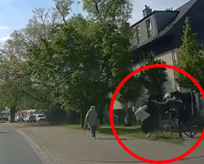 Zdarzenie przy ul. Pilczyckiej we Wrocławiu, w kółku widać jak rowerzysta popycha kobiet ę