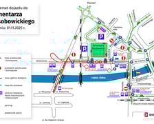 Mapa przedstawia organizację ruchu w okolicy cmentarza Osobowickiego