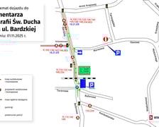 Mapa przedstawia organizację ruchu w okolicy cmentarza przy ul. Bardzkiej