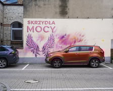 Różowe skrzydła z napisem SKRZYDŁA MOCY namalowane na ścianie szpitala na Hirszfelda