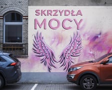 Różowe skrzydła z napisem SKRZYDŁA MOCY namalowane na ścianie szpitala na Hirszfelda