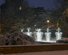 <p>Rozświetlona fontanna w Parku Węgrzynowskiego</p>