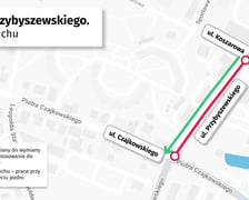 Mapa przedstawia odcinek ulicy Przybyszewskiego, który będzie remontowany
