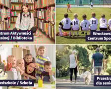 <p>Kolaż 4 zdjęć" Centrum Aktywności Lokalnej / Biblioteka, Wrocławskie Centrum Sportu, Przedszkole / Szkoła, Przestrzeń dla seniora. Zdjęcia ilustracyjne.</p>