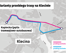 <p>Grafika z wariantami trasy tramwajowej z pętli Klecina na planowaną pętlę na Oporowie</p>