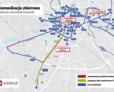 Mapa przedstawia trasy objazdów linii tramwajowych obowiązujące od 22 czerwca.