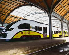 Konferencja prasowa przed dworcem Wrocław Główny poświęcona uruchomieniu bezpłatnych podróży pociągami po terenie Wrocławia dla posiadaczy biletów miejskich