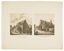 <p>Z lewej: dawny ratusz na Nowym Mieście - dawna siedziba władz, kt&oacute;ra znajdowała się u zbiegu ul. Modrzewskiego i dawnej ul. Polskiej,</p>
<p>Z prawej:&nbsp;kości&oacute;ł bernardyn&oacute;w - dziś mieści się tu Muzeum Architektury.</p>
<p>&nbsp;</p>