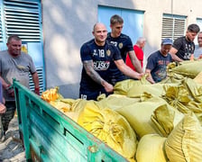 Piłkarze ręczni Śląska (ubrani w klubowe stroje) nasypują łopatami piach do worków i wrzucają je na naczepę