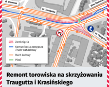 Mapa przedstawia zmiany w komunikacji związane z remontem na skrzyżowaniu Traugutta z Krasińskiego