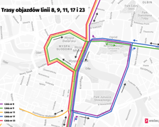 Trasy objazdów tramwajów linii 8, 9, 11, 17 i 23 spowodowanych wymianą zwrotnicy na pl. Bema.