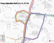 Trasy objazdów tramwajów linii 8, 9, 11, 17 i 23 spowodowanych wymianą zwrotnicy na pl. Bema.